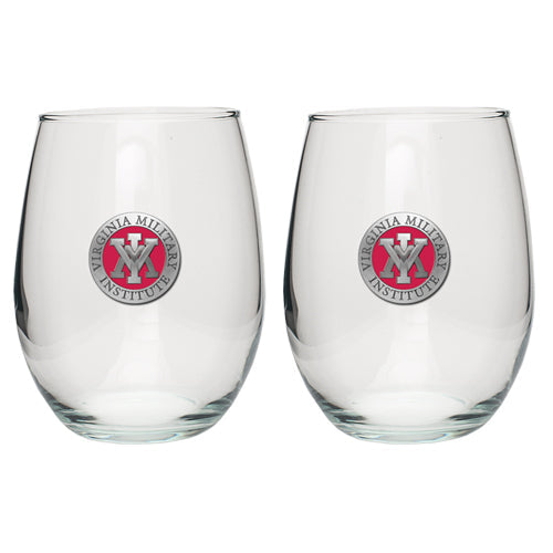 Virginia Military Institute Two clear stemless wine glasses with a Virginia Military Institute logo on a white background