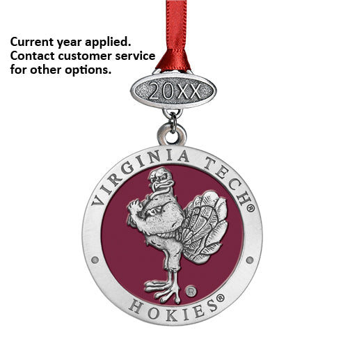Virginia Tech Hokies ornament with red ribbon on a white background