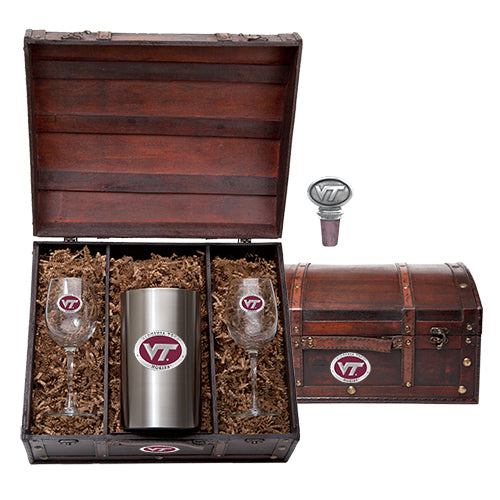 Gift set with wine glasses, tumbler, and bottle stopper in a wooden chest.