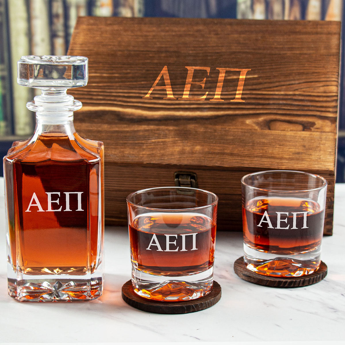 Engraved Alpha Epsilon Pi - Personalized Whiskey Decanter Set In Wood Gift Box