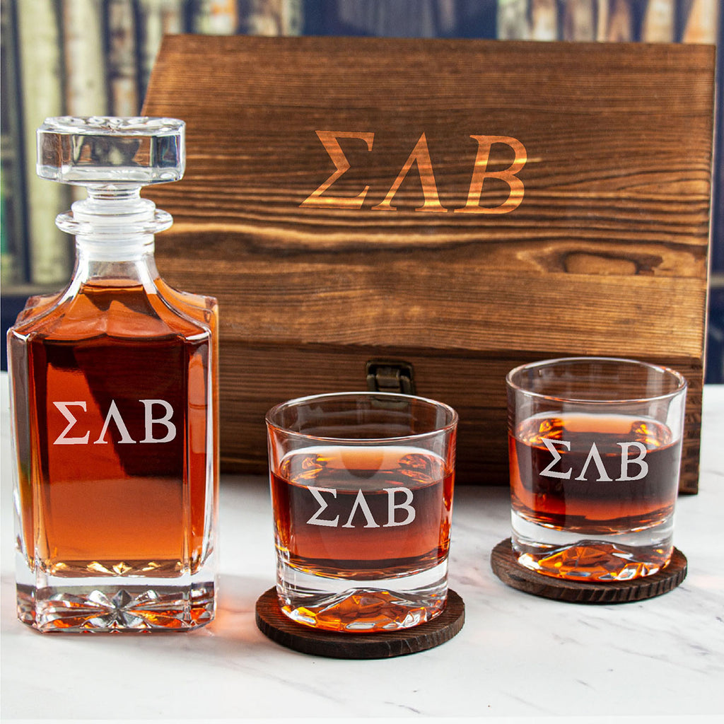 Engraved Sigma Lambda Beta - Personalized Whiskey Decanter Set In Wood Gift Box