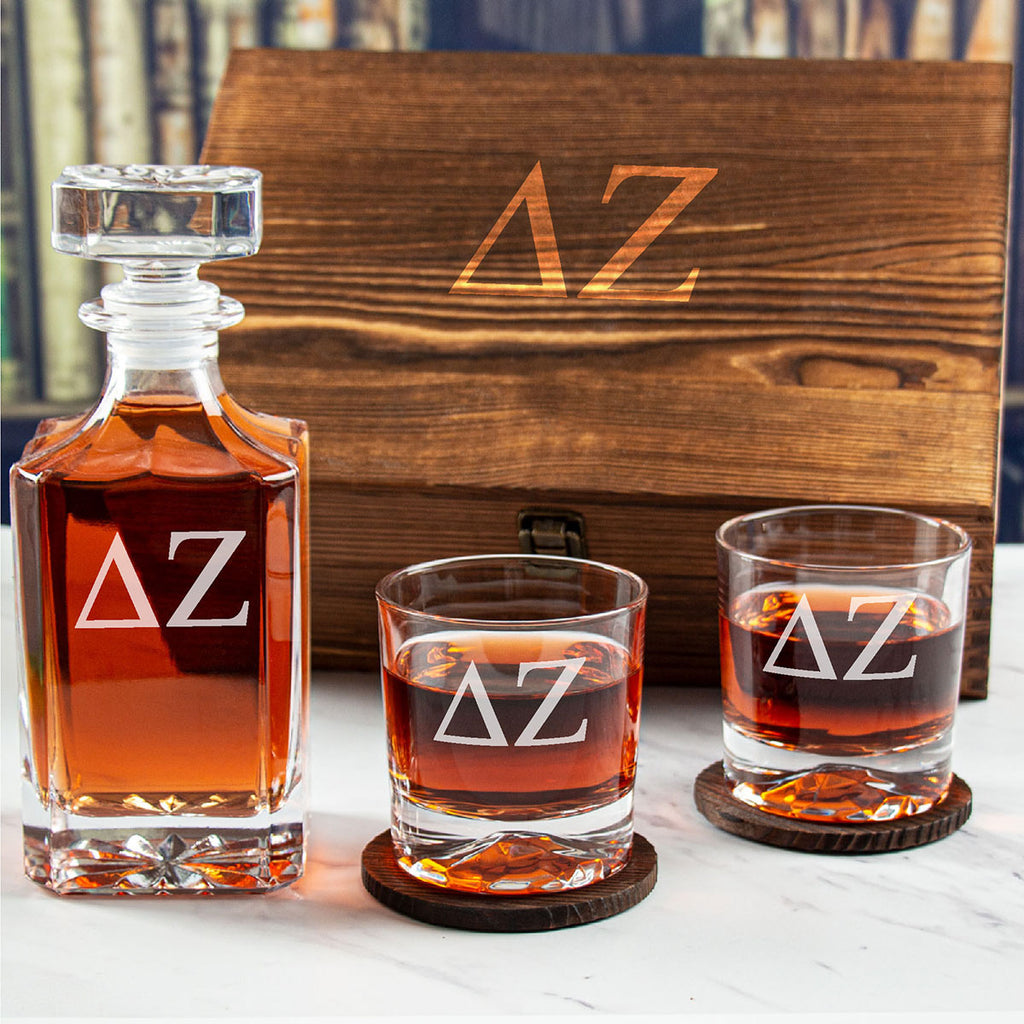 Engraved Delta Zeta - Personalized Whiskey Decanter Set In Wood Gift Box