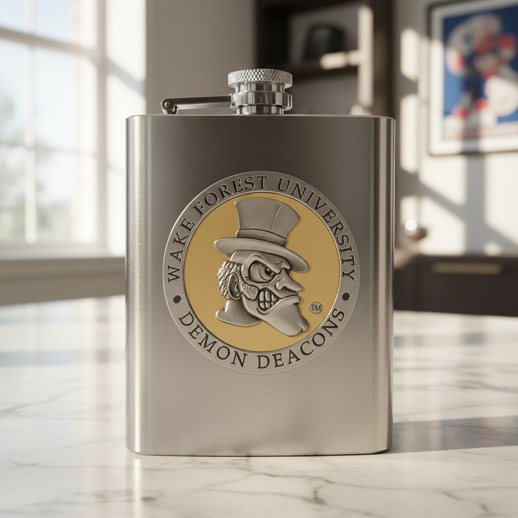 Stainless steel flask with Wake Forest University Demon Deacons logo on a marble surface.