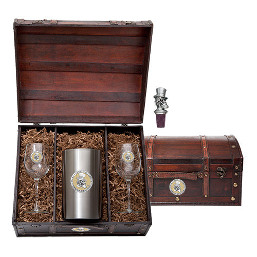 Wine glass set with a metal tumbler and decorative box on a white background