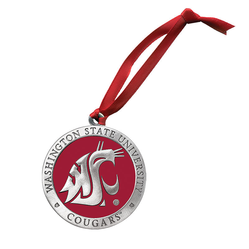 Metallic ornament with Washington State University Cougars logo on a red ribbon against a white background