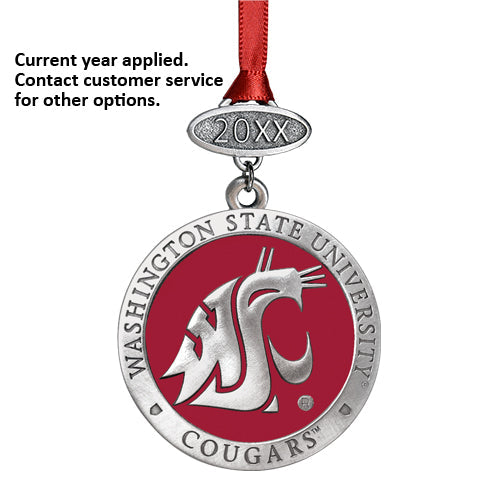 Washington State University Cougars ornament with red ribbon on a white background