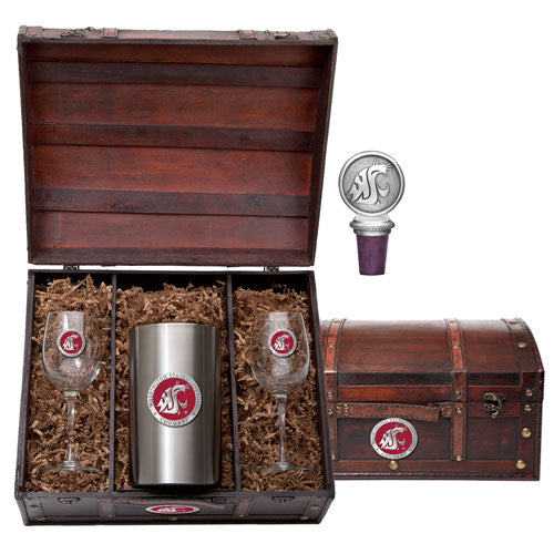 Wine glass set with a tumbler and wine bottle stopper in a wooden chest.