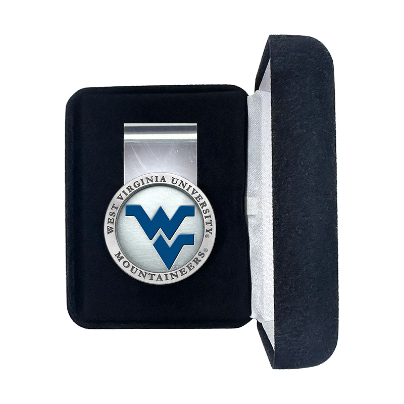 West Virginia University money clip in a black case on a white background