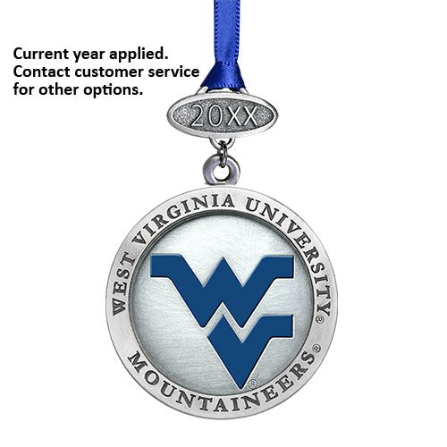 West Virginia University Mountaineers pendant with blue ribbon on a white background