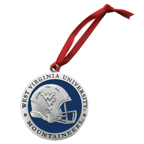 West Virginia University Mountaineers ornament with helmet design on a white background