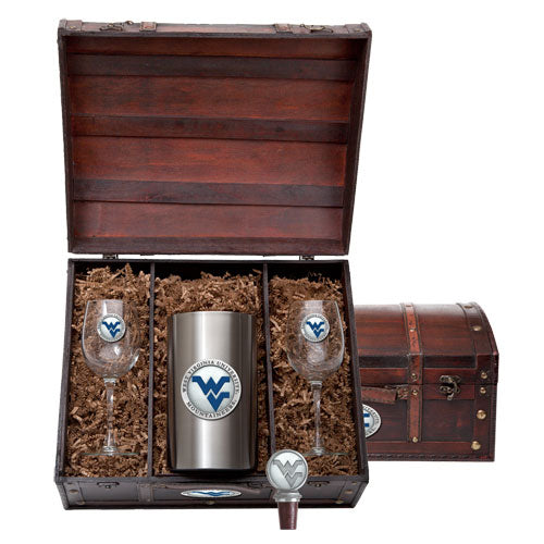 Wine glass and flask set with West Virginia University logo in a wooden case.