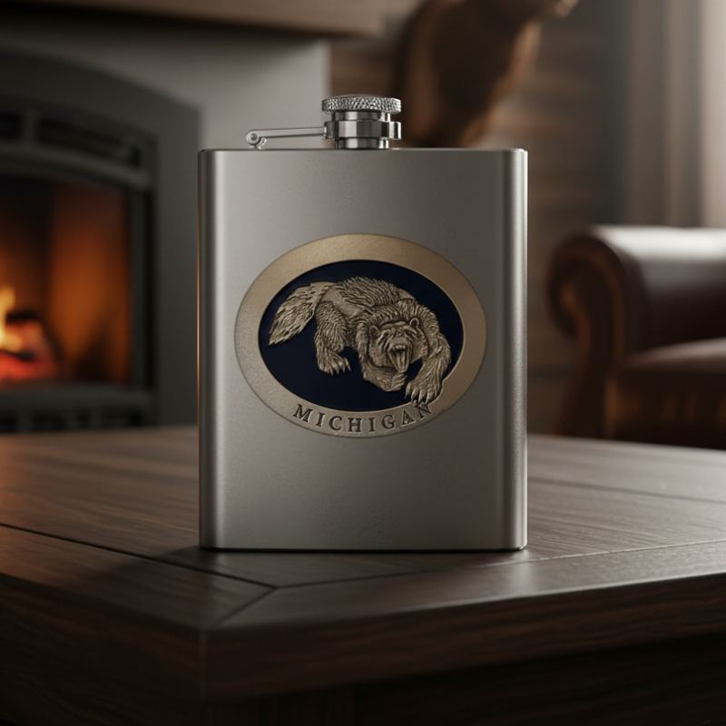 Wolverine with Michigan 8oz Stainless Steel Flask - Fine Pewter Wildlife Casting - Made in USA