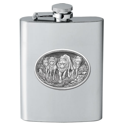 Wolves 8oz Stainless Steel Flask - Fine Pewter Wildlife Casting - Made in USA