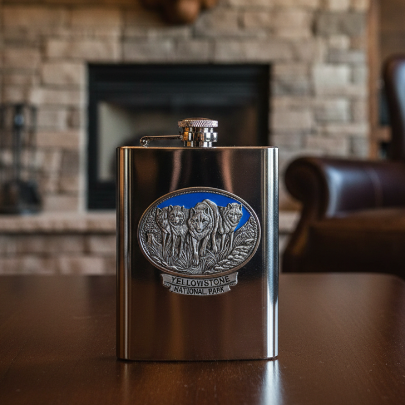 Wolves Yellowstone National Park 8oz Stainless Steel Flask - Fine Pewter Wildlife Casting - Made in USA