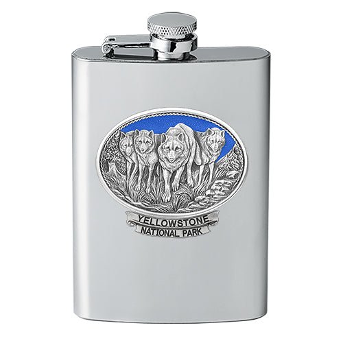 Wolves Yellowstone National Park 8oz Stainless Steel Flask - Fine Pewter Wildlife Casting - Made in USA