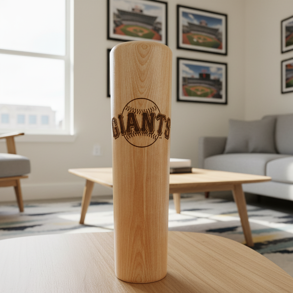 Wooden baseball bat with 'GIANTS' engraving on a wooden background