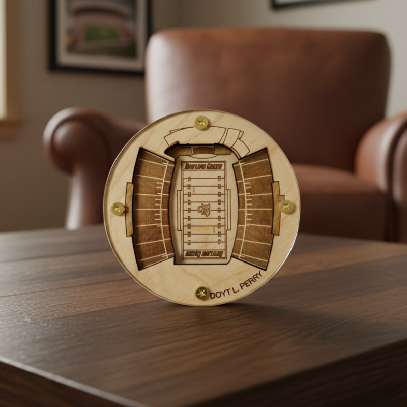 Wooden model of a stadium on a wooden table with a blurred chair in the background