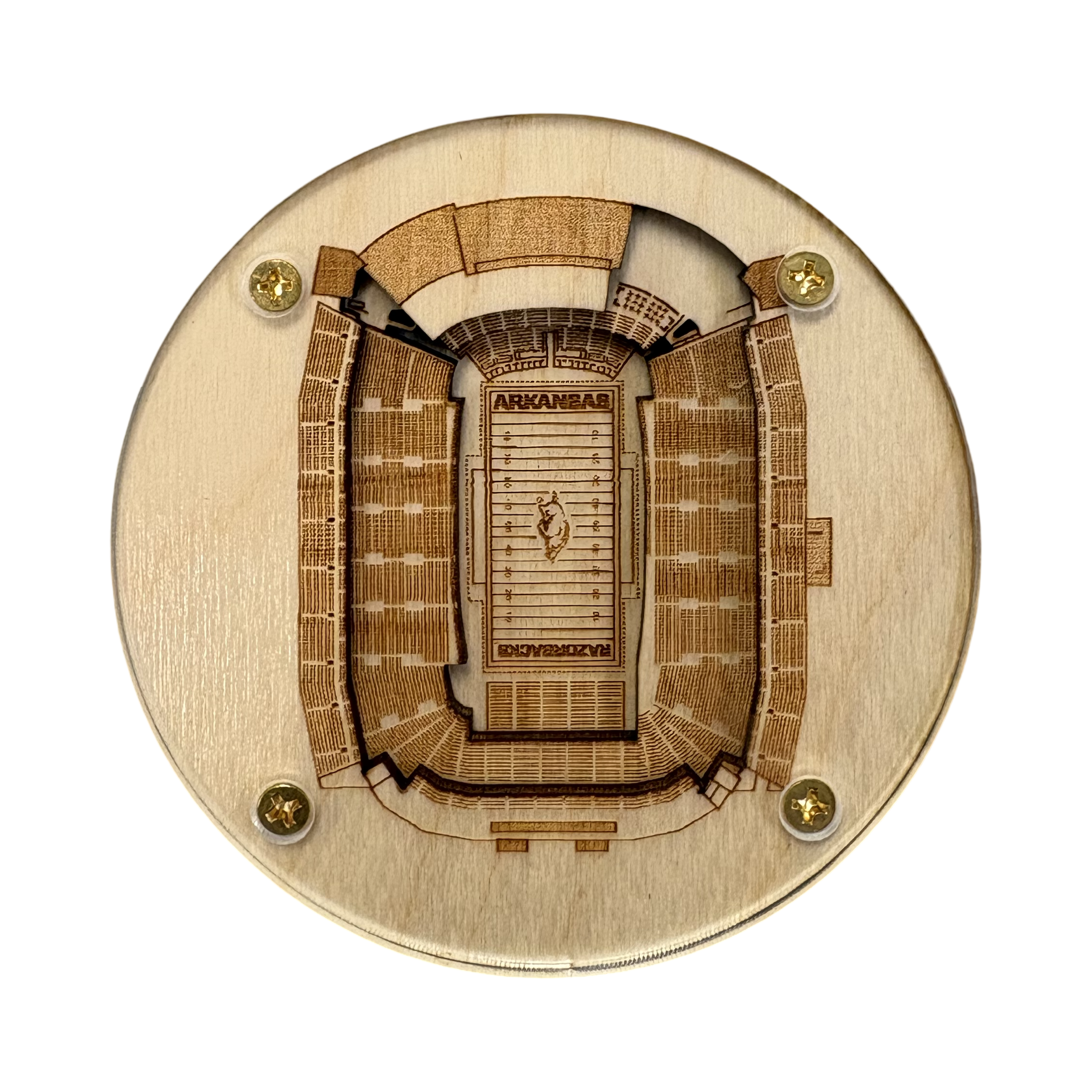 Wooden model of a stadium seating chart with 'ARKANSAS' printed on it, on a white background.