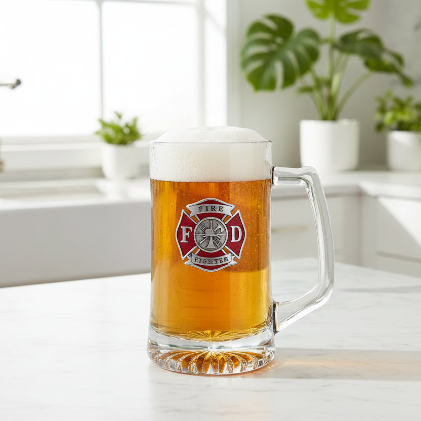 Clear glass mug with a Fire Fighter logo on a white background