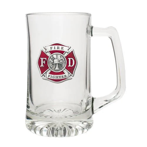 Clear glass mug with a Fire Fighter logo on a white background