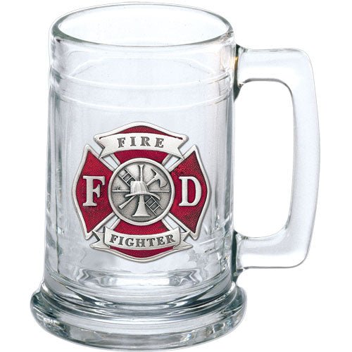 Clear glass mug with a Firefighter emblem on a white background