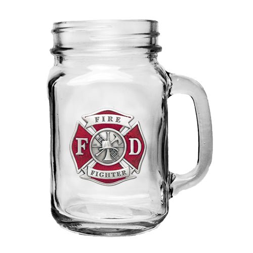 A large 22-ounce glass mason jar mug with a handle, featuring a highly detailed 3D sculpted fine pewter firefighter emblem, made in the USA.