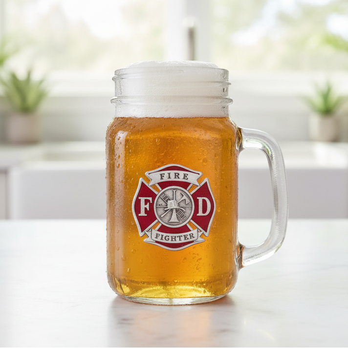 Mason jar with fire fighter logo filled with beer on a white surface