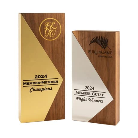 Two wooden Awards with gold and silver designs, featuring text and logos.