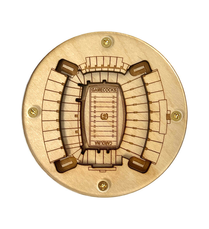Wooden model of a stadium layout with 'Gamecocks' branding on a white background