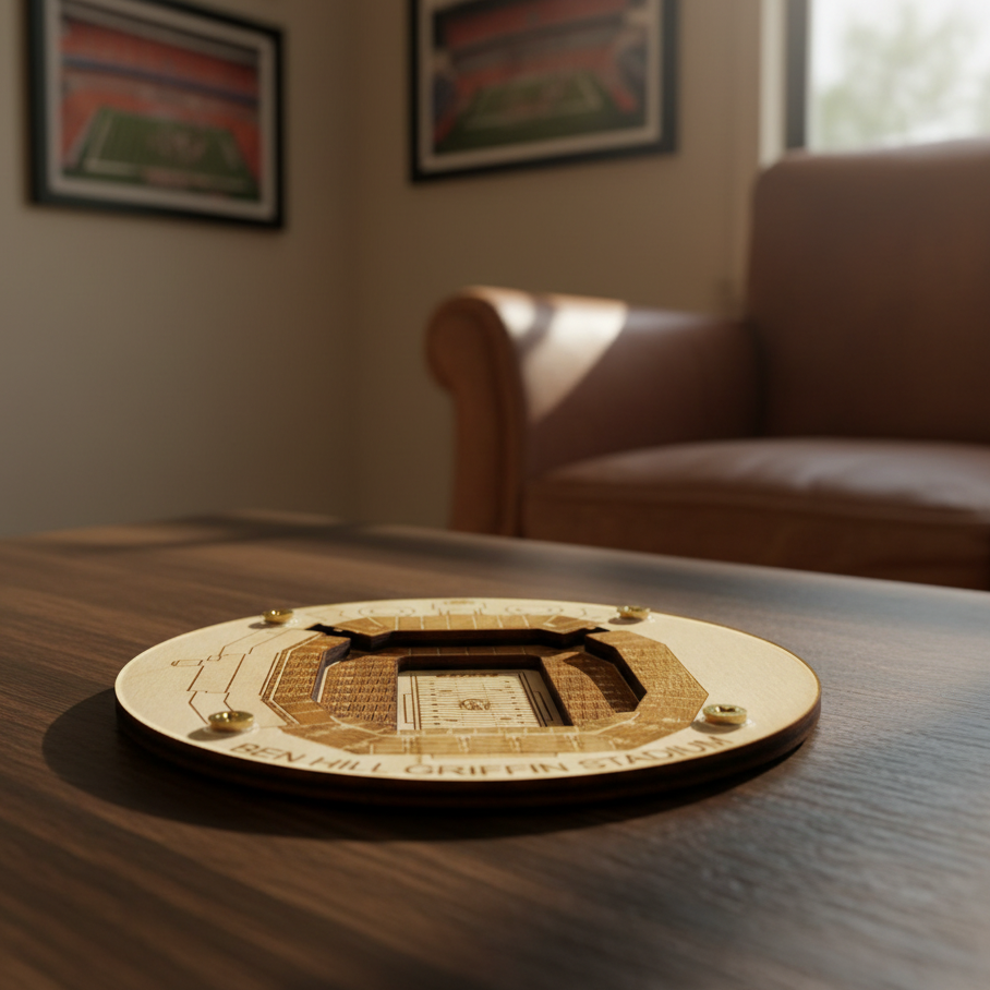 Wooden model of a stadium on a table with a blurred background