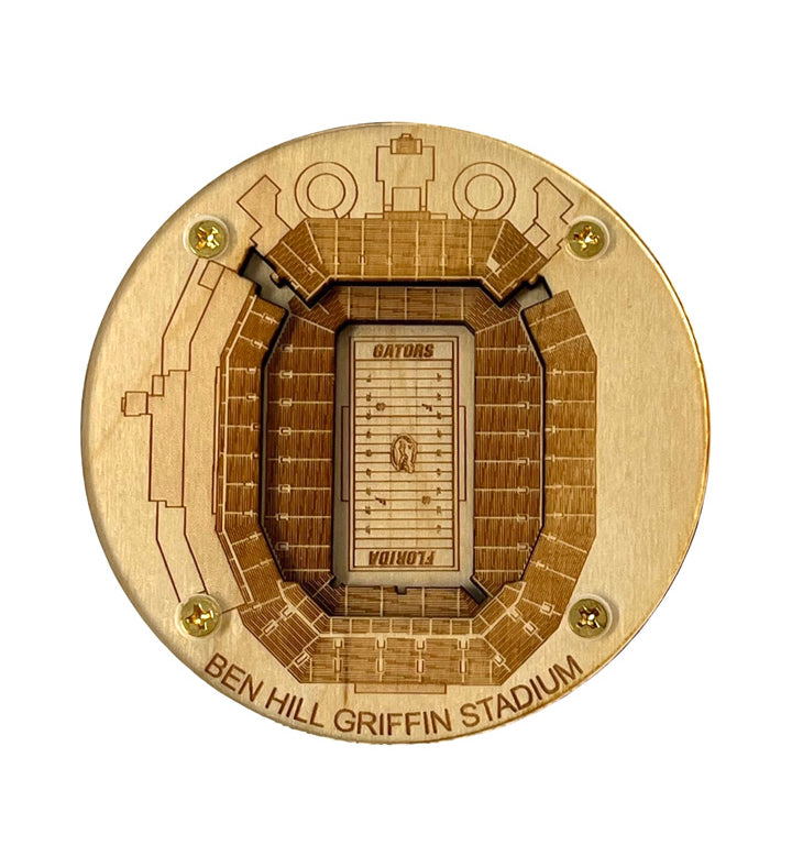 Wooden model of Ben Hill Griffin Stadium with 'Gators' branding on a white background
