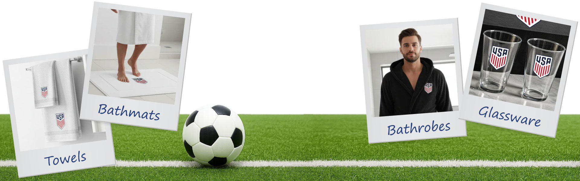 Promotional banner with soccer ball on grass, showing bathrobes and towels with U.S. Soccer branding.