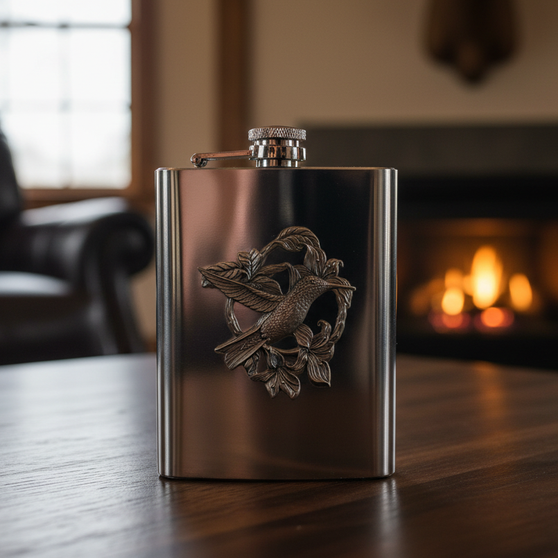 Hummingbird Stainless 8oz Steel Flask with Fine Pewter Casting - Made in USA