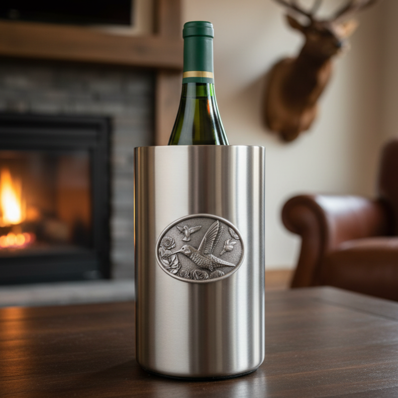 Silver wine cooler with a bottle of wine on a wooden table in a cozy room with a fireplace and deer head mount.