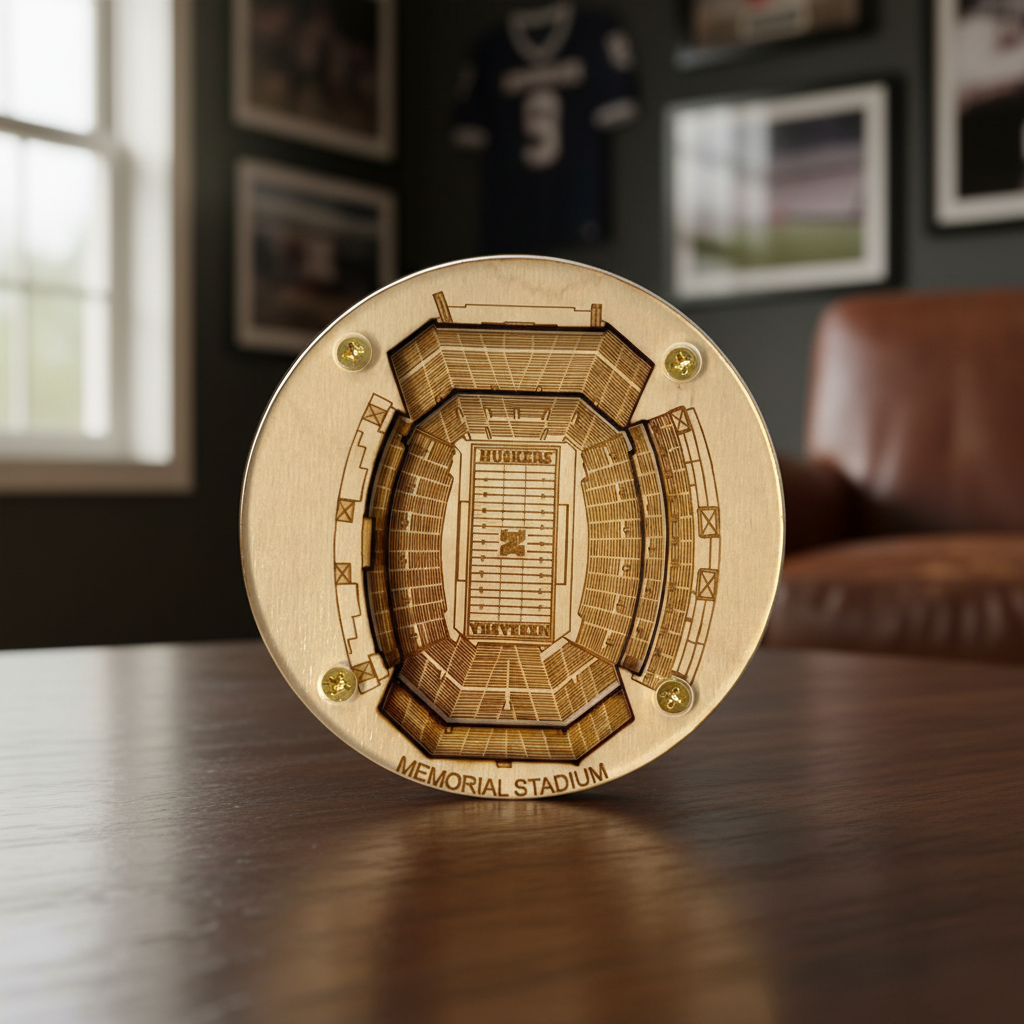 Wooden model of Memorial Stadium on a table with blurred background