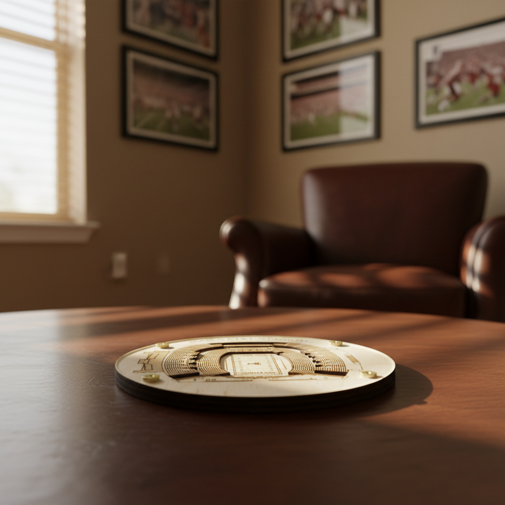 Decorative stadium model on a wooden table with a cozy room setting.