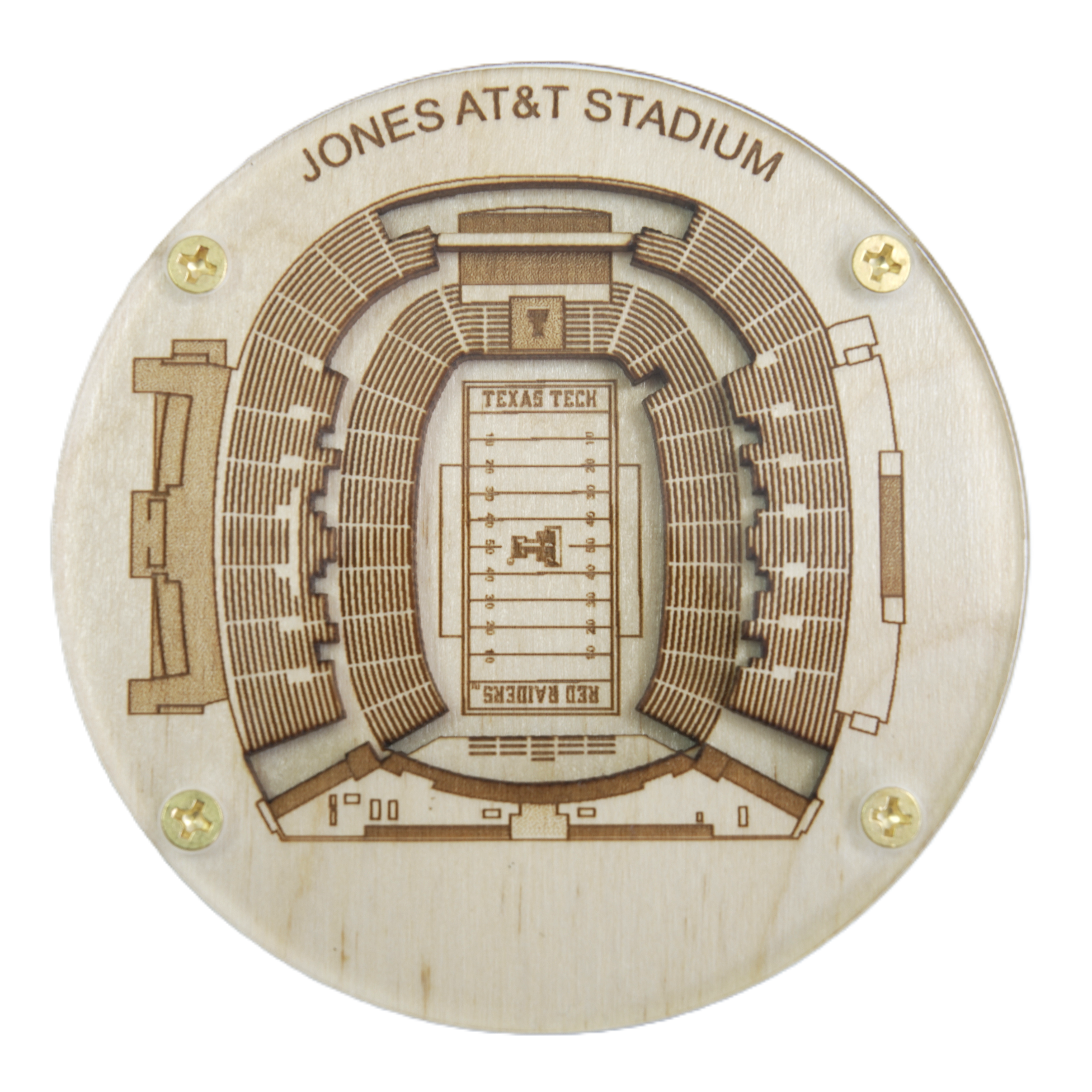 Wooden model of Jones AT&T Stadium with laser-cut seating layout on a white background