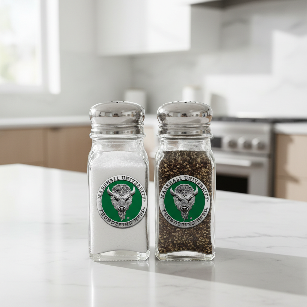 Two glass salt and pepper shakers with Marshall University logo on a white background