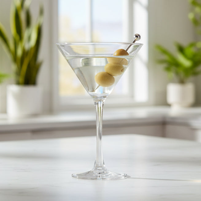 Clear martini glass on a white background