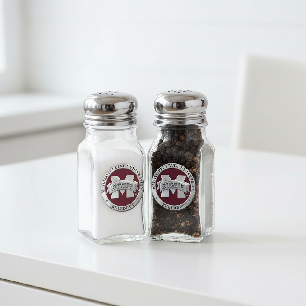 Mississippi State Bulldogs salt and pepper shakers with clear glass bodies and silver lids.