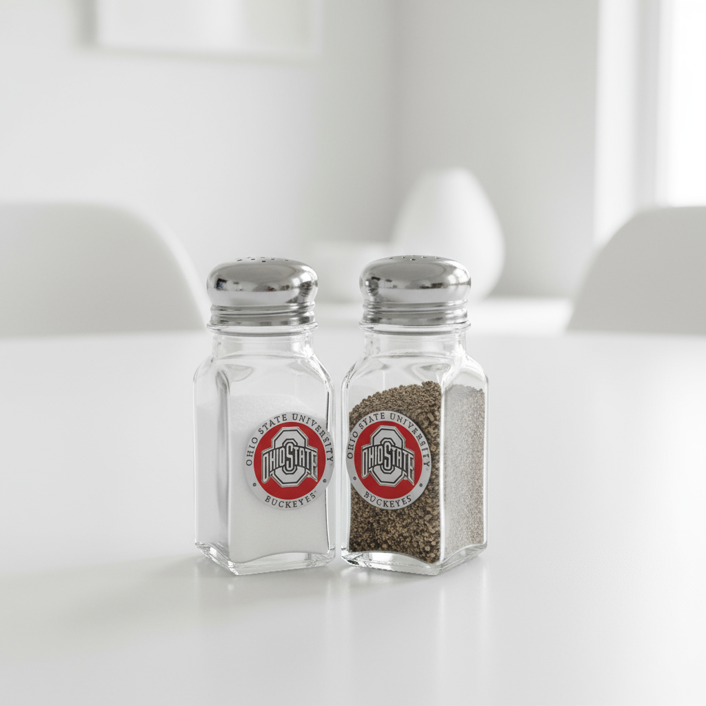Two glass salt and pepper shakers with Ohio State University logo on a white background