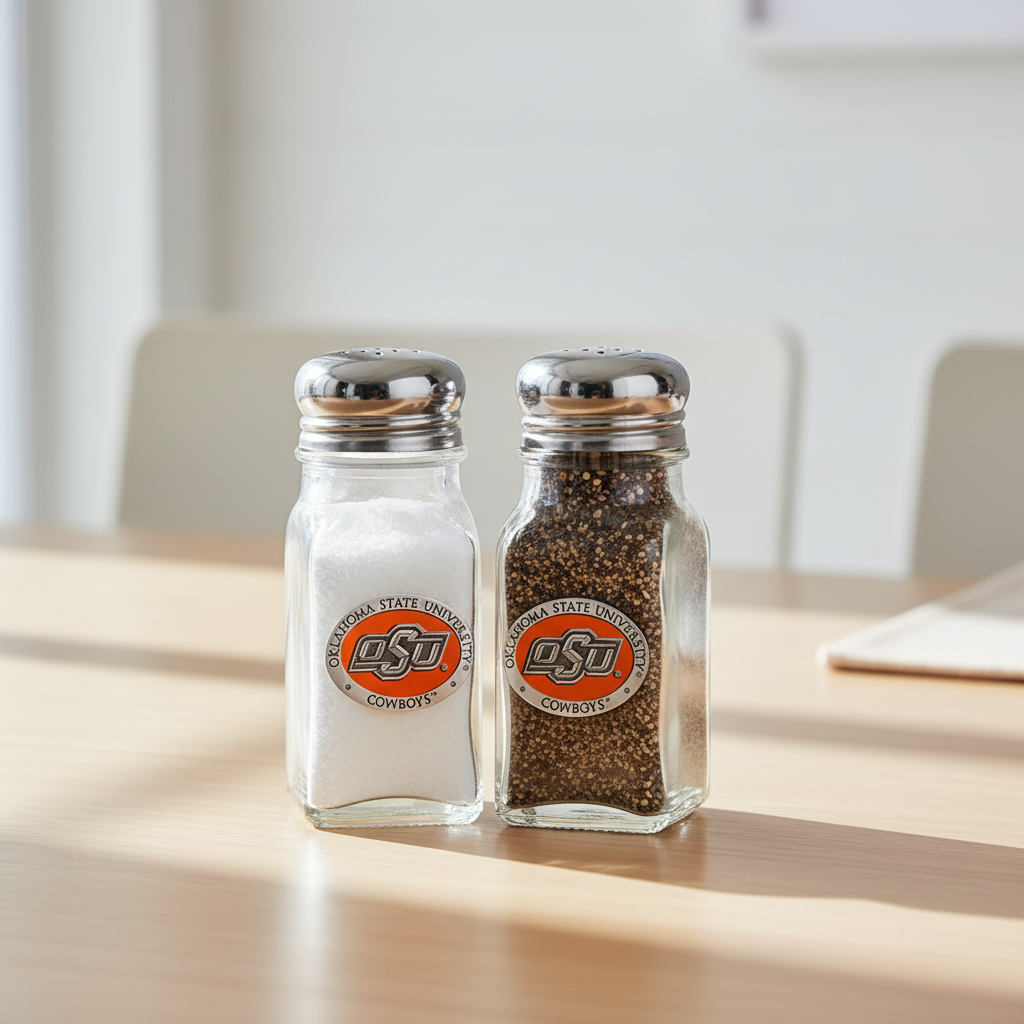 Two glass salt and pepper shakers with Oklahoma State University logo on a white background