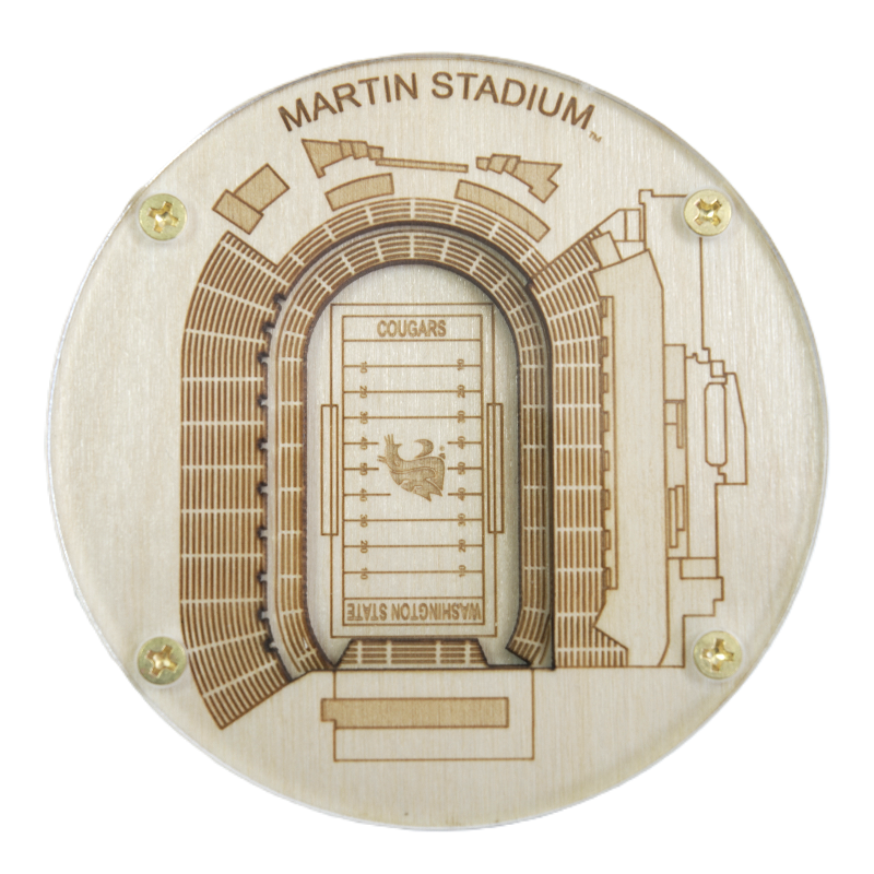 Wooden plaque with laser-cut design of Martin Stadium and 'Cougars' text on a white background