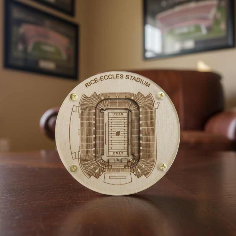 Wooden model of Rice-Eccles Stadium on a table with blurred background