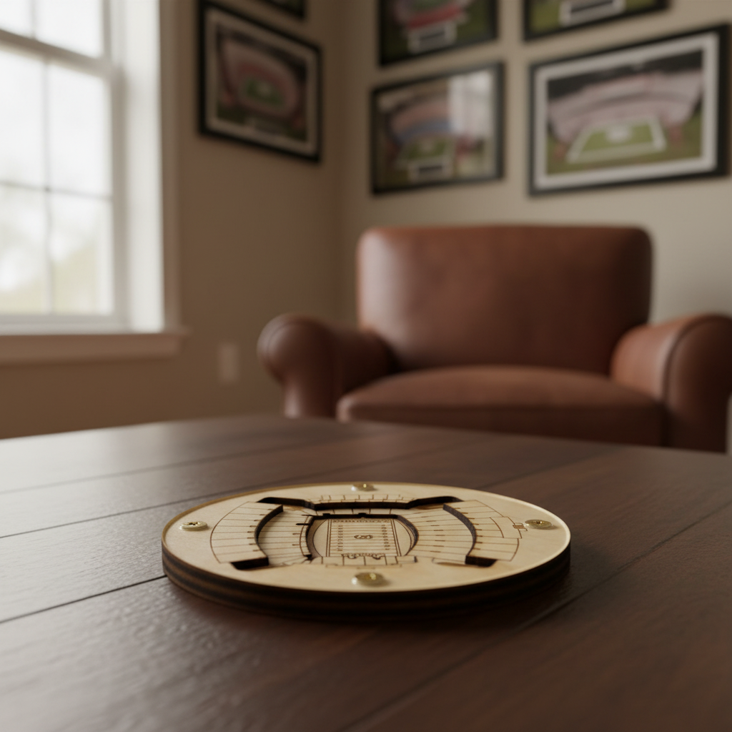Wooden coaster with a design on a wooden table in a room with a brown armchair and framed pictures on the wall.