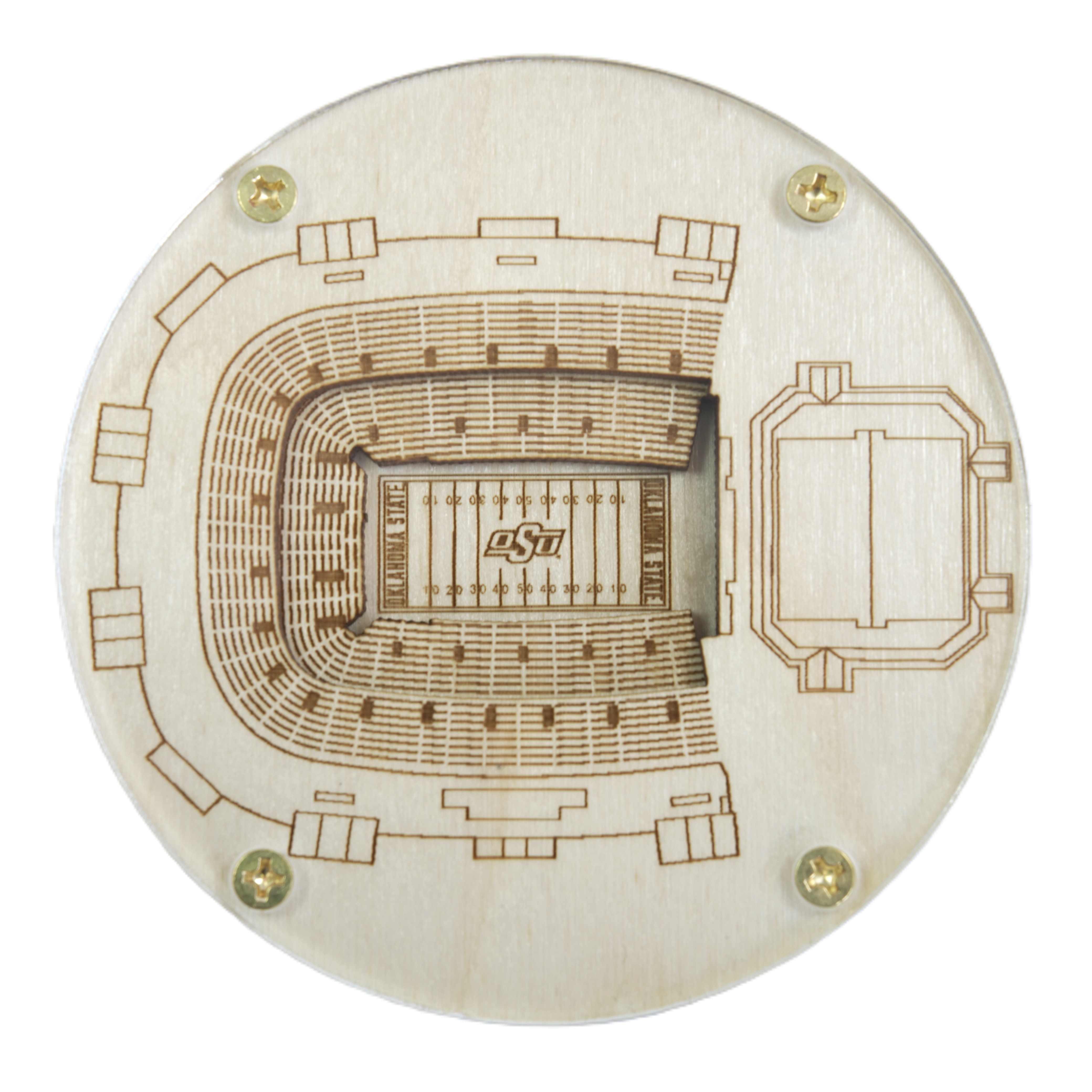 Circular wooden coaster with laser-cut stadium design and 'OSU' logo on a white background