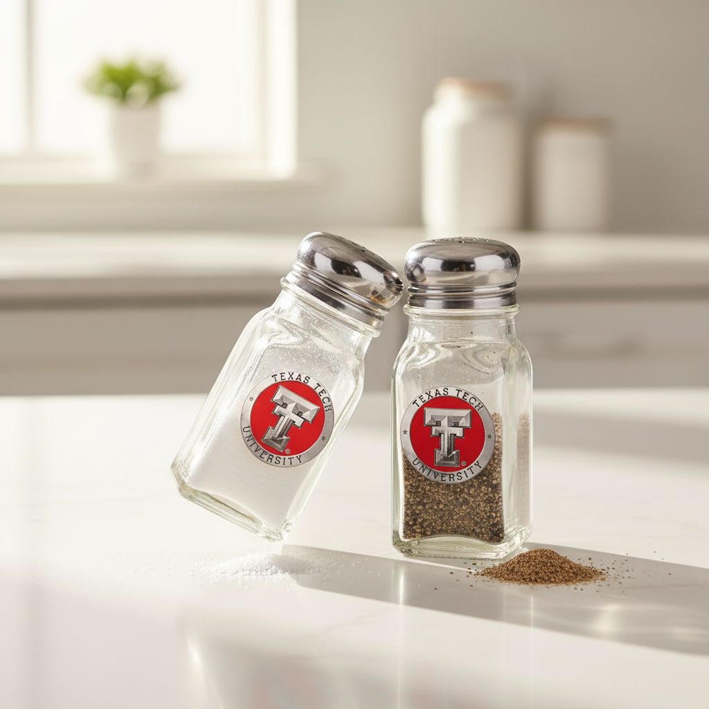 Two glass salt and pepper shakers with Texas Tech University logo on a white background