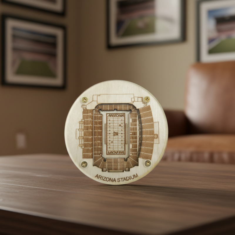 Wooden model of Arizona Stadium on a table with blurred background