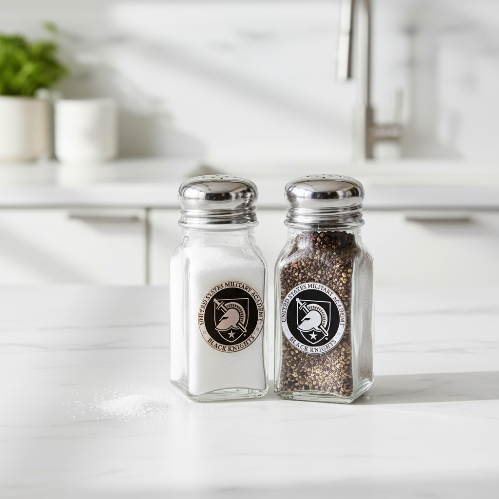 Two glass salt and pepper shakers with metallic tops featuring the United States Military Academy logo.