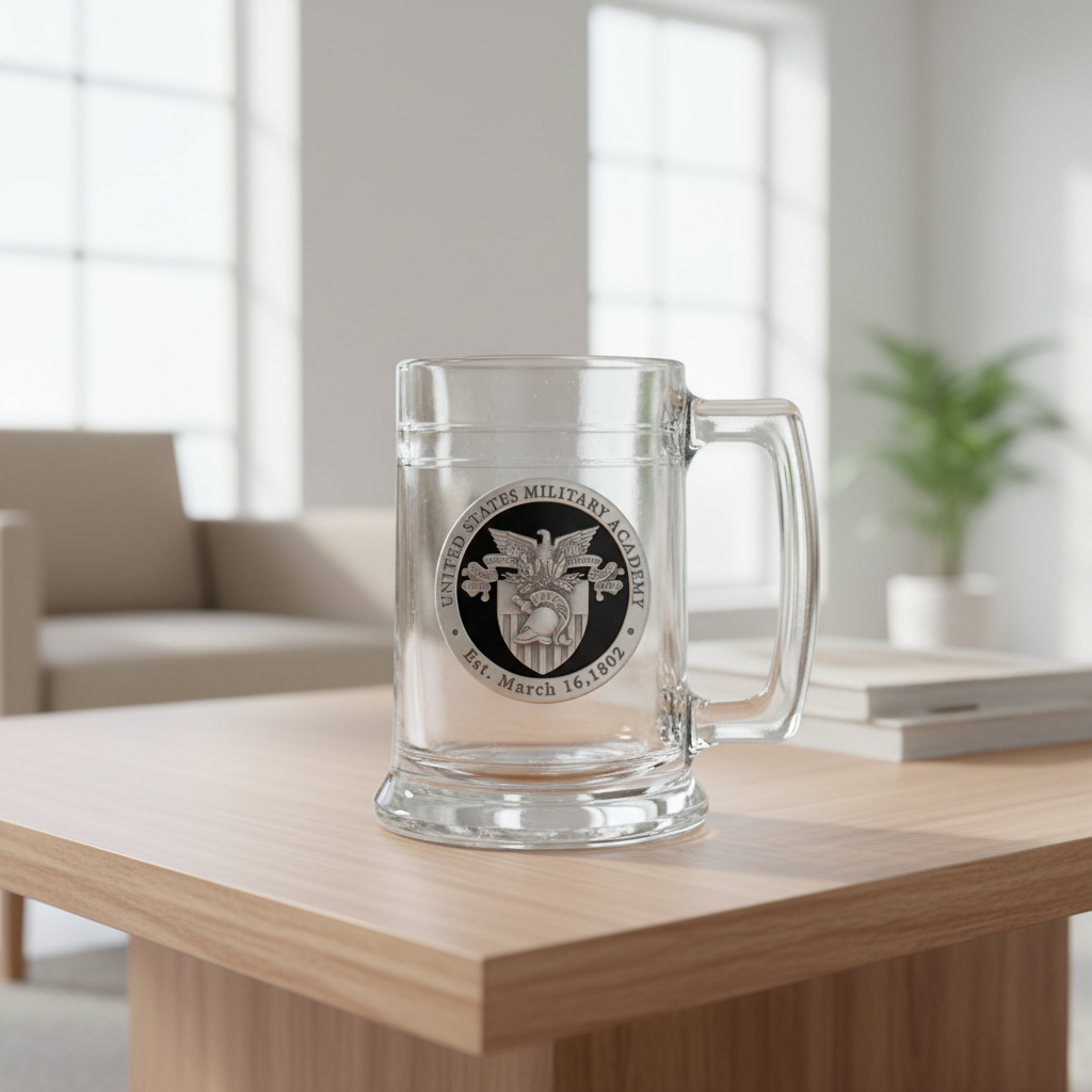 Glass mug with United States Military Academy emblem on a white background